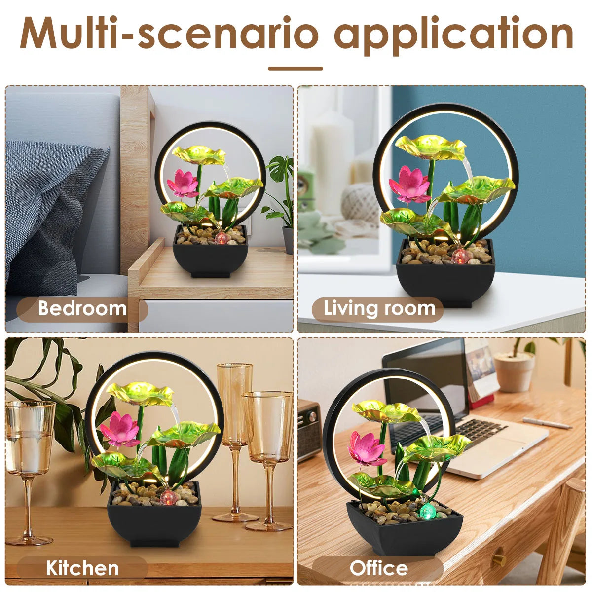 🌿 USB Tabletop Waterfall Fountain – LED-Lit Calm with Natural Rocks