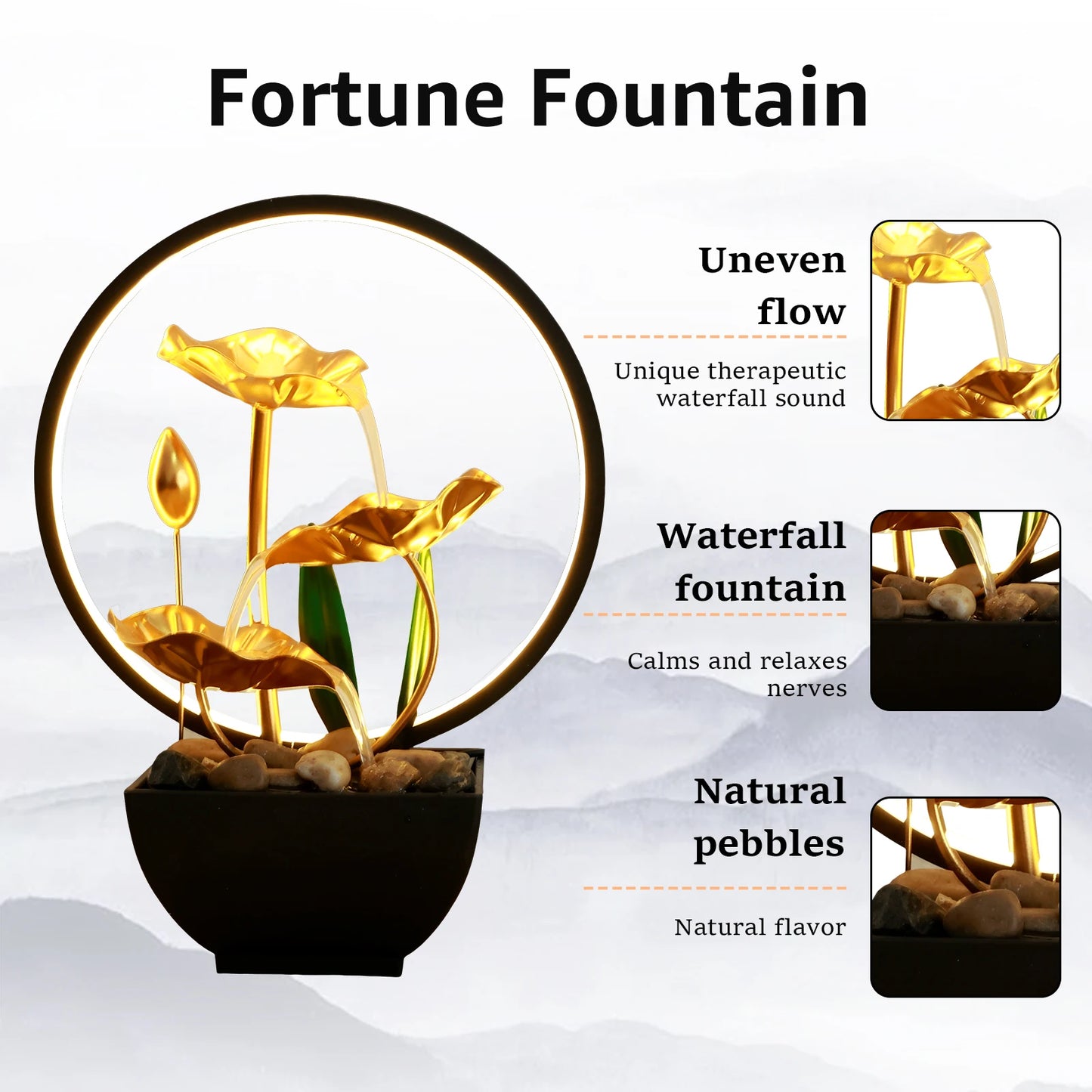 🌿 USB Tabletop Waterfall Fountain – LED-Lit Calm with Natural Rocks
