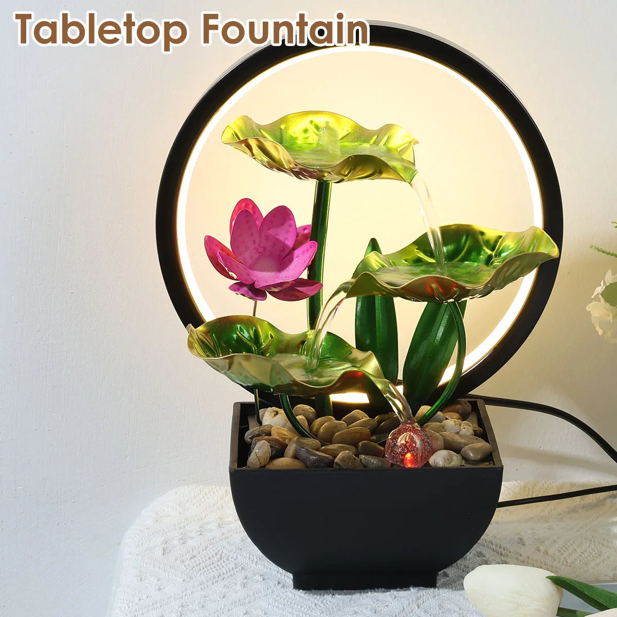 🌿 USB Tabletop Waterfall Fountain – LED-Lit Calm with Natural Rocks