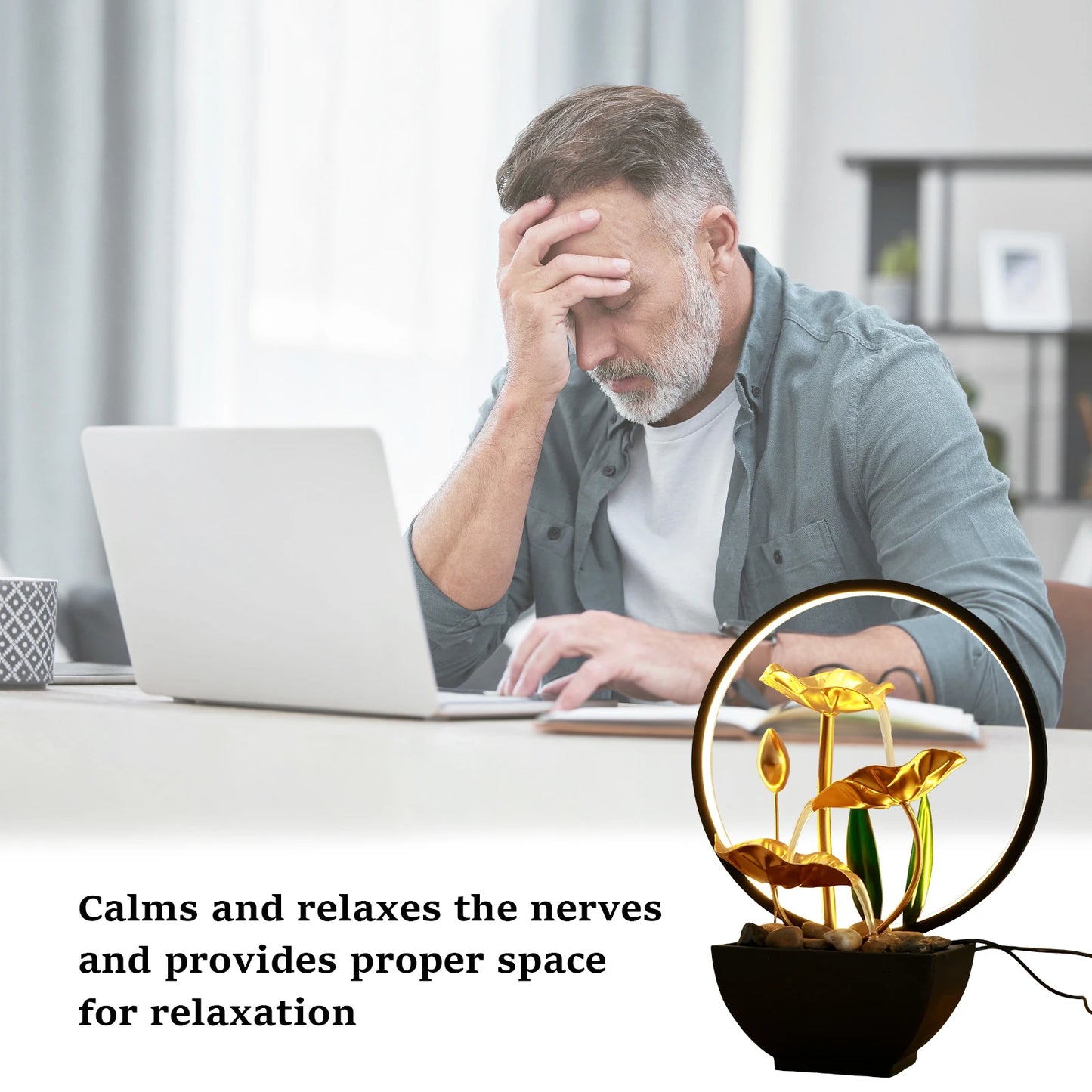 🌿 USB Tabletop Waterfall Fountain – LED-Lit Calm with Natural Rocks