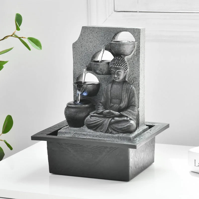 🧘‍♂️ Buddha Tabletop Waterfall Fountain – LED-Lit Serenity for Home & Office