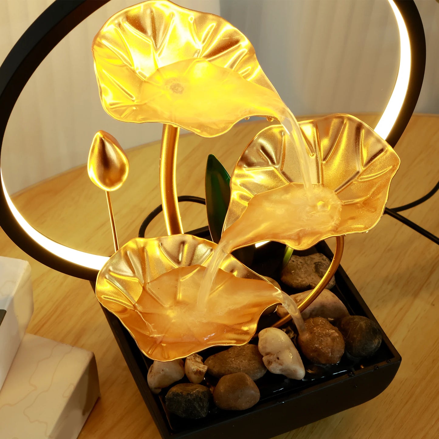 🌿 USB Tabletop Waterfall Fountain – LED-Lit Calm with Natural Rocks