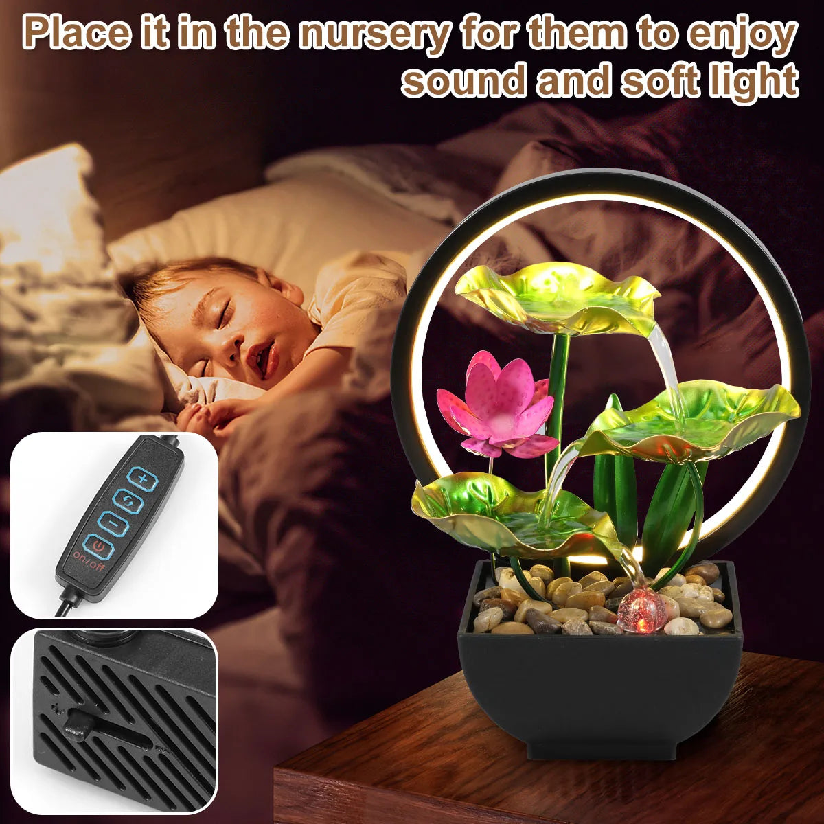 🌿 USB Tabletop Waterfall Fountain – LED-Lit Calm with Natural Rocks